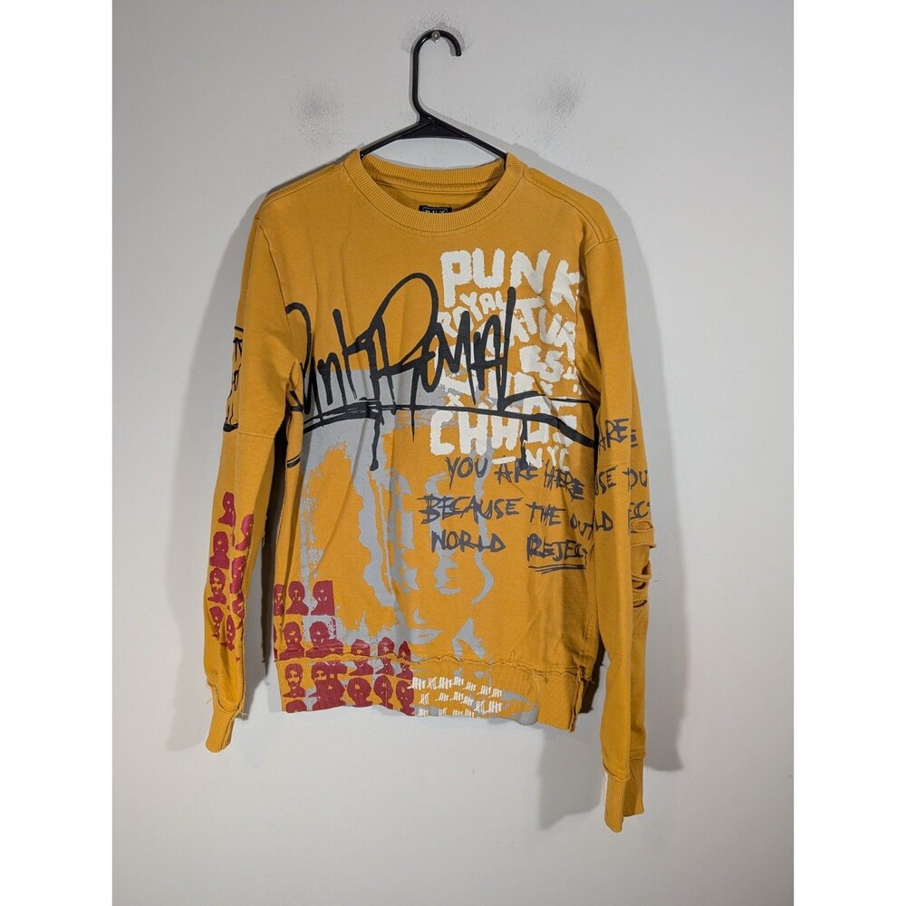Punk Royal Distressed Graphic Sweatshirt Yellow Mens Sz S Streetwear Punk NYC